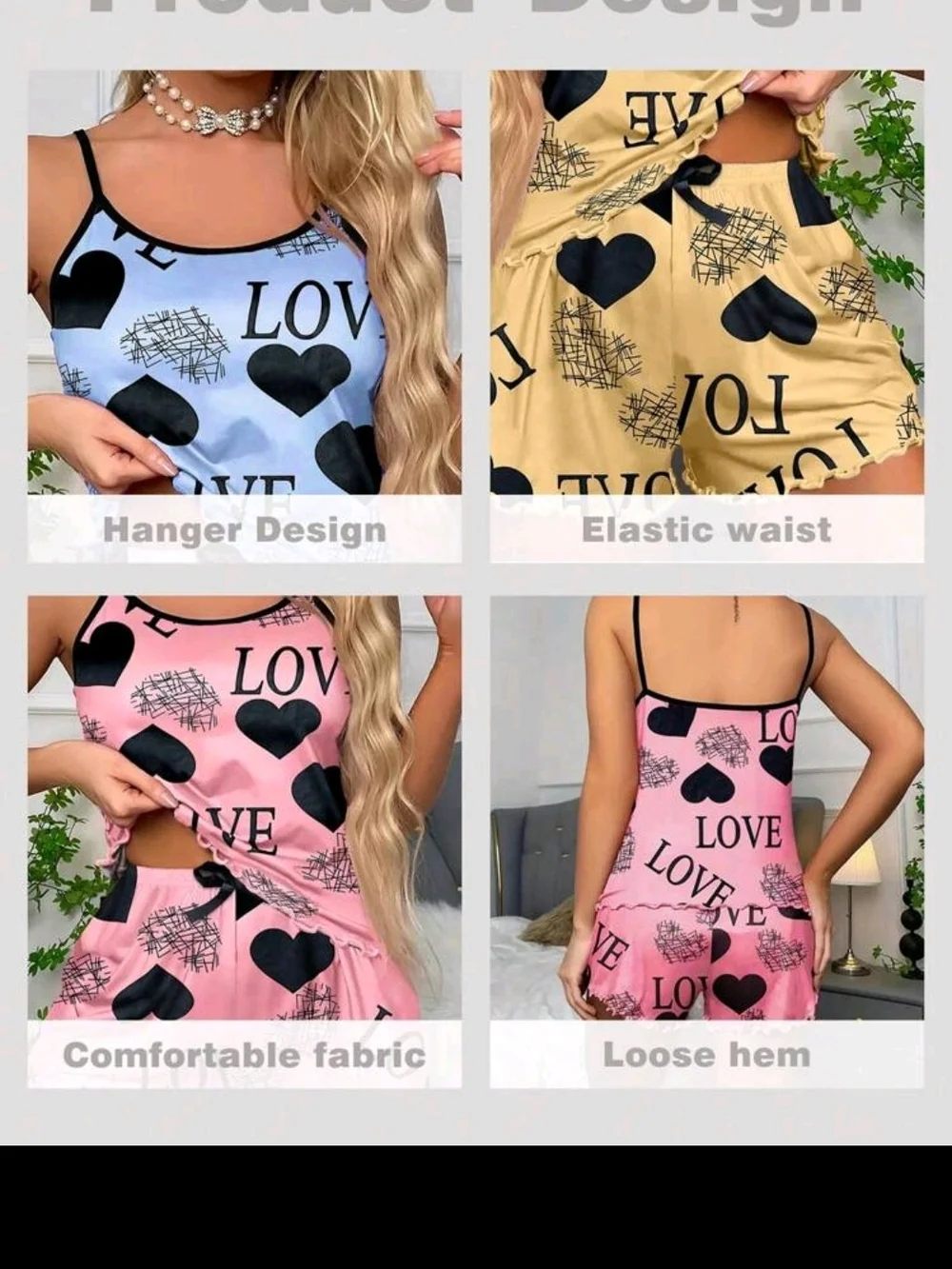 Women’s Heart Print Cami & Short Sleep Set - Pink, Blue, Yellow